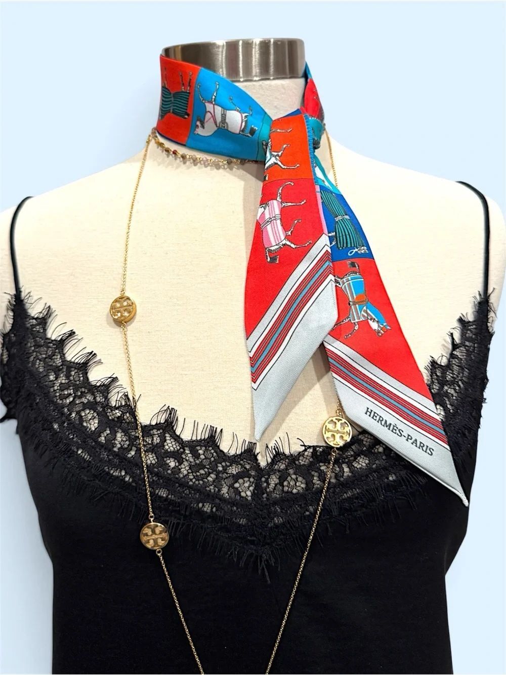 Luxury France Paris Silk Twilly Scarf - equestrian motif, Red, Turquoise, White.